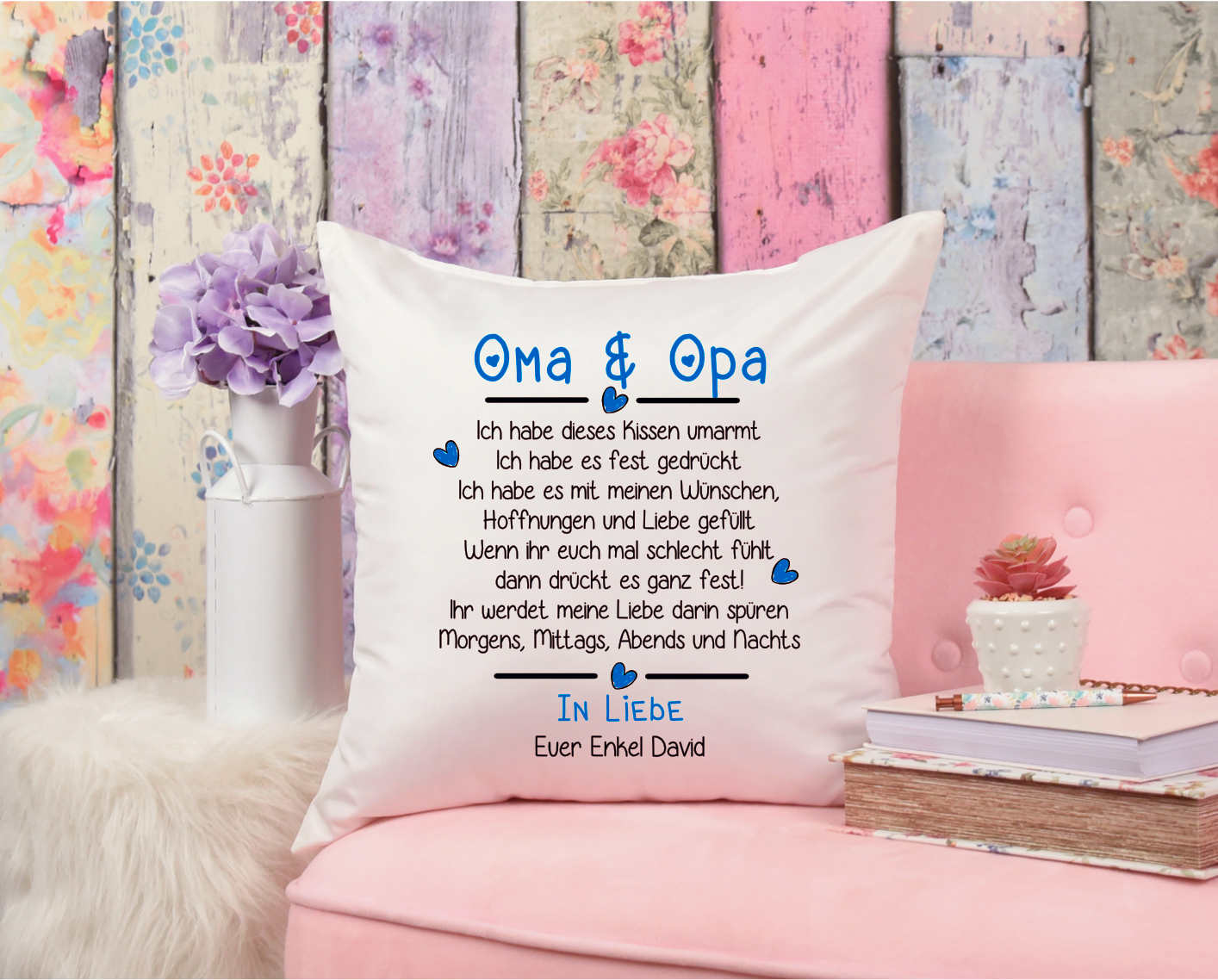 Kissen - Oma & Opa Ich habe dieses Kissen umarmt... von Enkel in blau