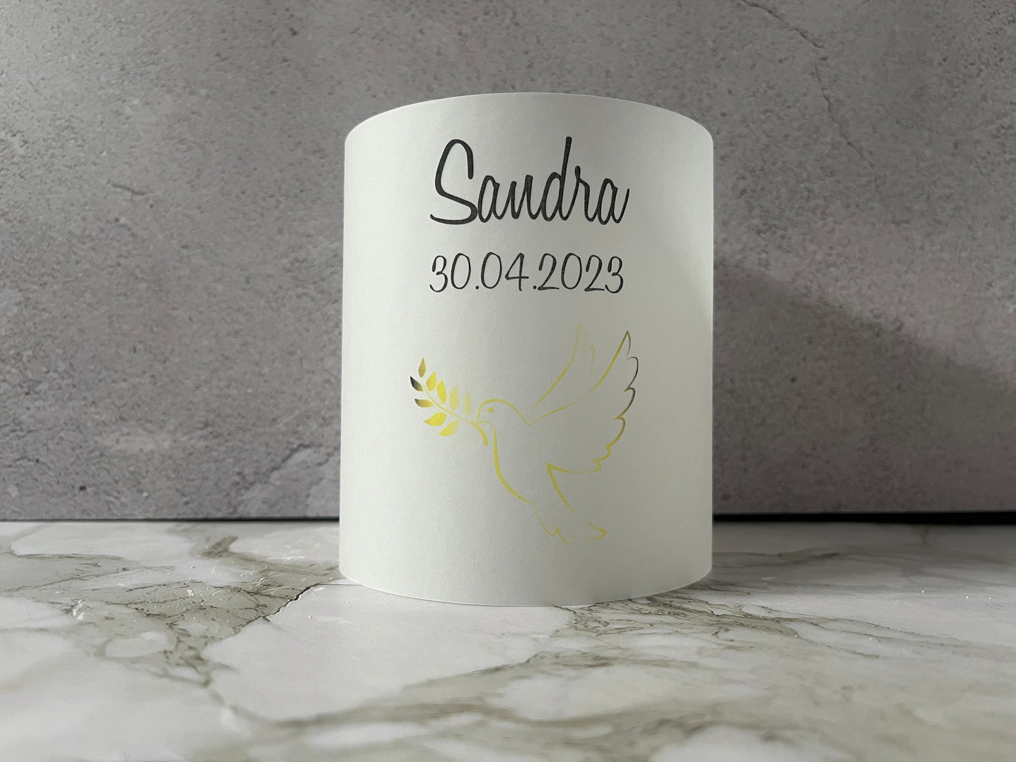 6 x Windlichter Friedenstaube klein - individualisiert mit Namen und Datum