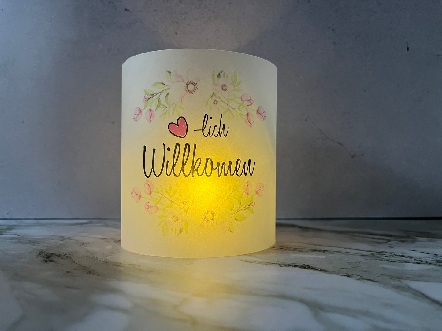 6 x Windlichter Herzlich Willkommen Florale Motive