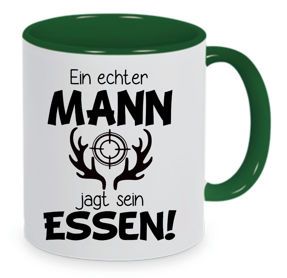 Dunkelgrüne Tasse mit Spruch Ein echter Mann jagt sein Essen! Zielscheibe mit Geweihmotiv