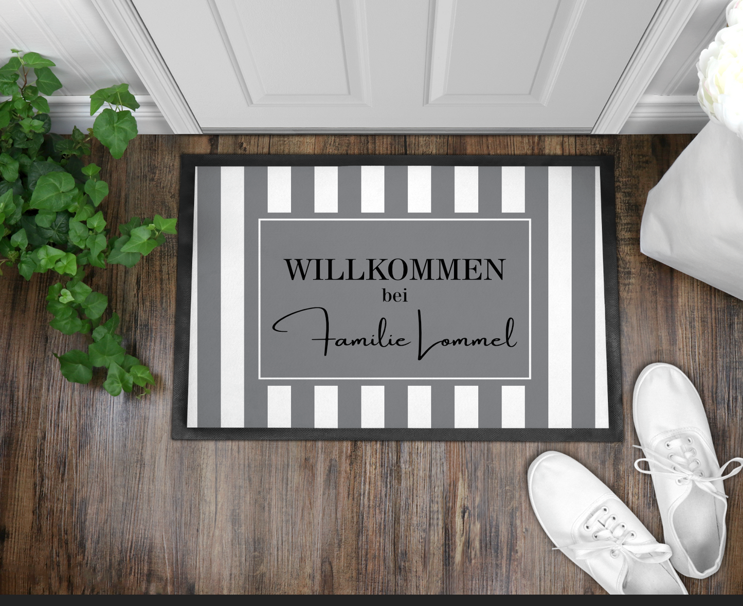 Fußmatte grau gestreift Willkommen bei Familie Wunschname