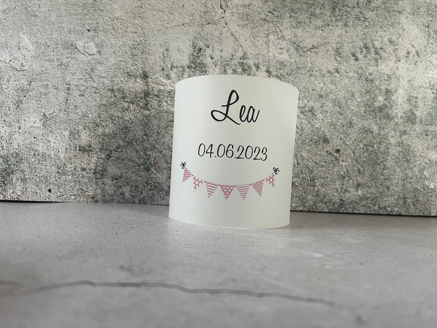 6 x Windlichter Wimpelkette klein - individualisiert mit Namen und Datum