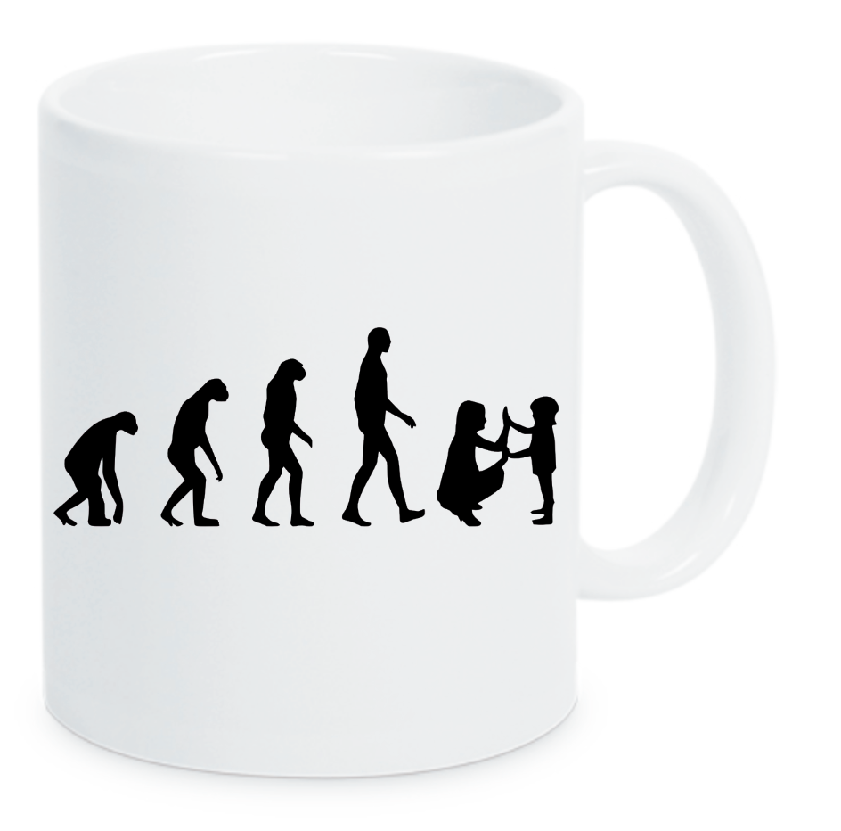 Weiße Tasse mit einem Bild vom Menschenaffen zur Erzieherin - Evolution.