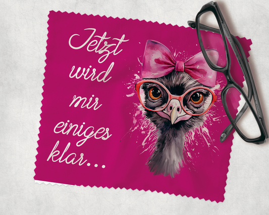 Brillenputztuch in pink, einem Strauß mit Brille und dem Spruch Jetzt wird mir einiges klar...