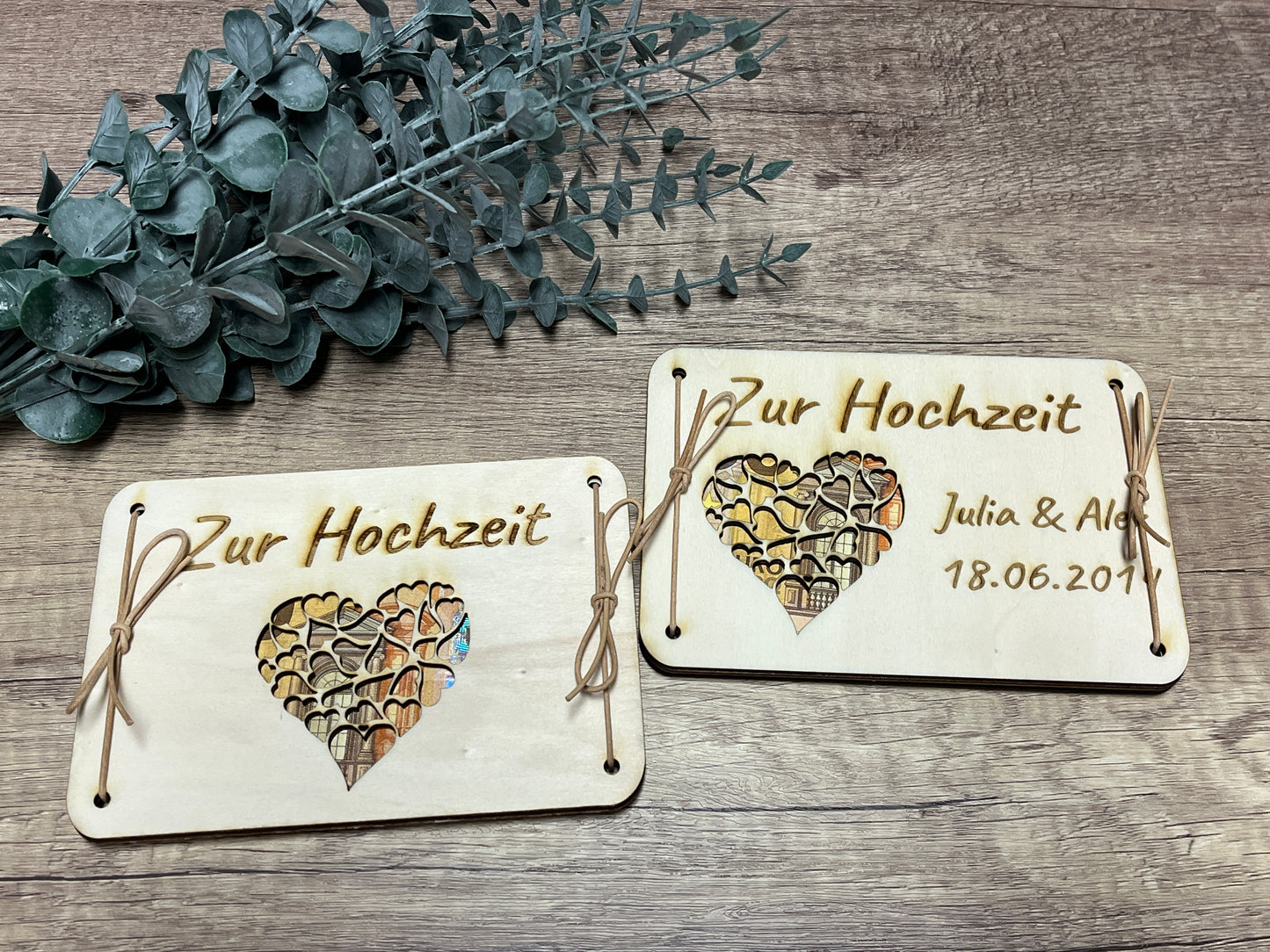 Geldgeschenk zur Hochzeit mit Namen und Datum Wunscherfüller | Geschenkkarte aus Holz