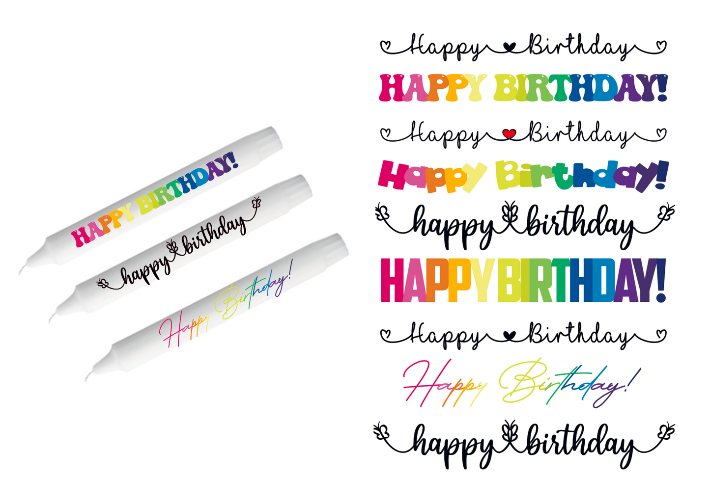 Kerzenfolie mit dem Aufrduck Happy Birthday in knallbunt und auch einfarbig schwarz in verschiedenen Schriften