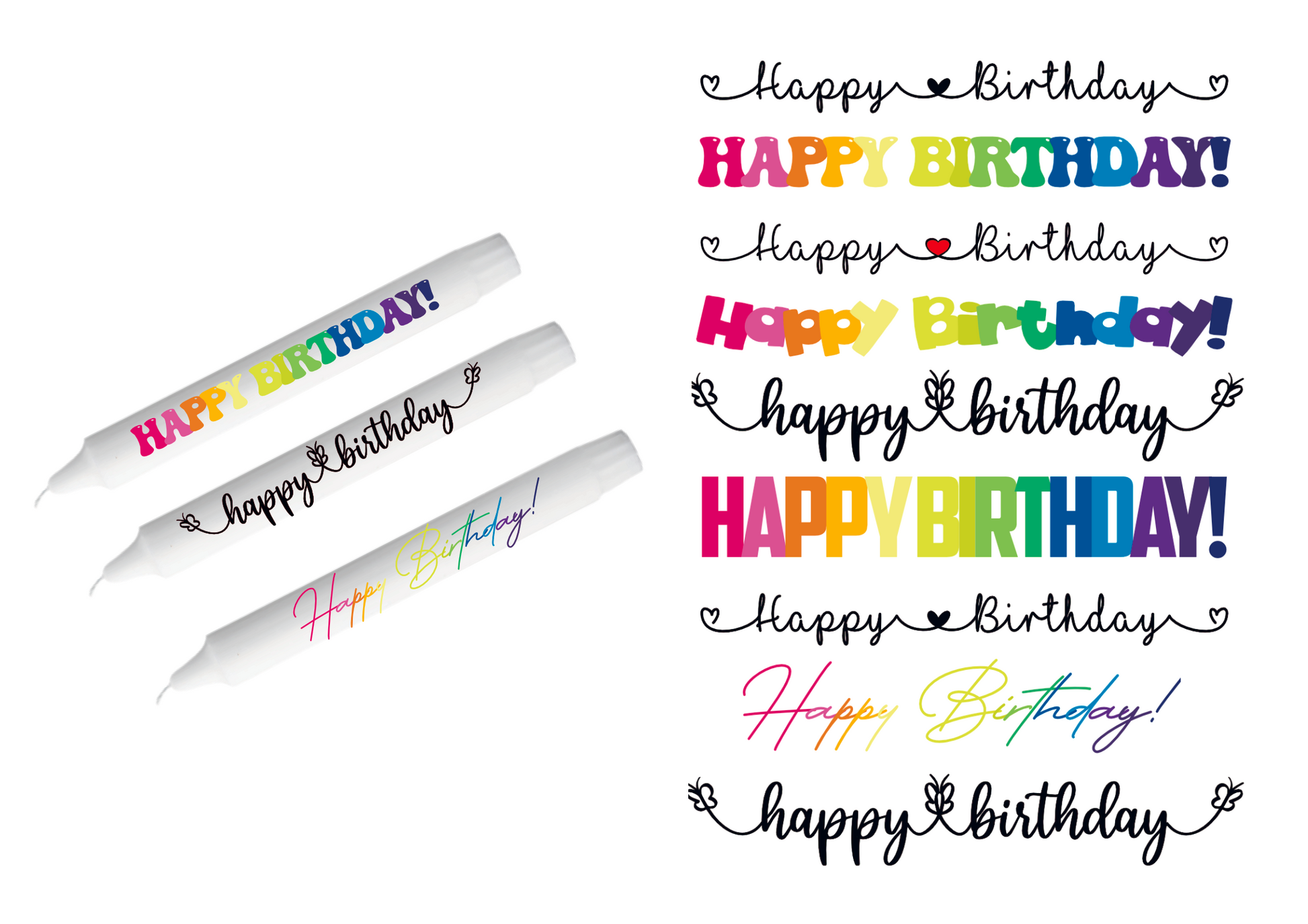 Kerzenfolie mit dem Aufrduck Happy Birthday in knallbunt und auch einfarbig schwarz in verschiedenen Schriften