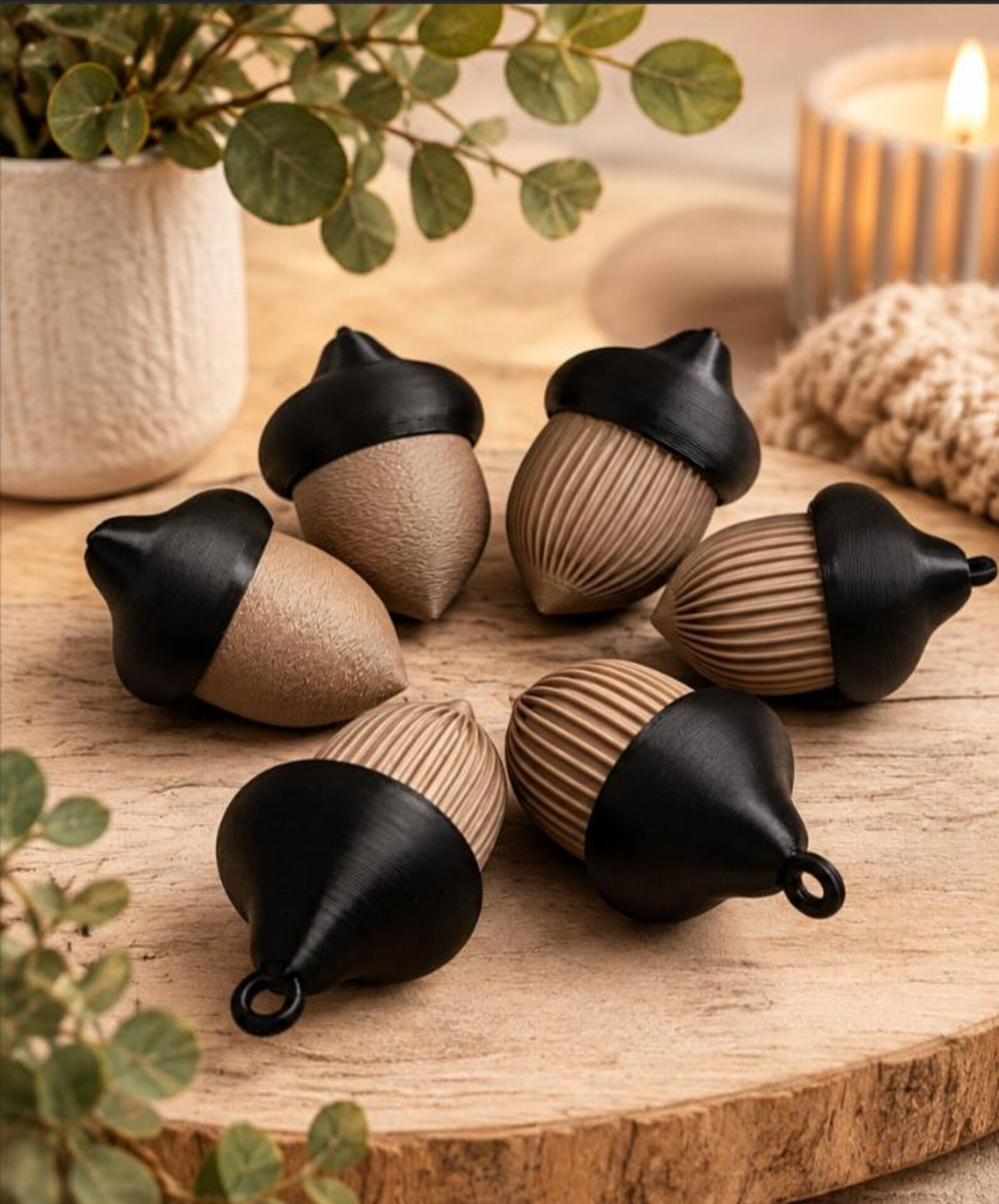 Eichel Deko – 3D gedruckte Herbstdeko zum Hängen & Legen und zum öffnen pink grau schwarz