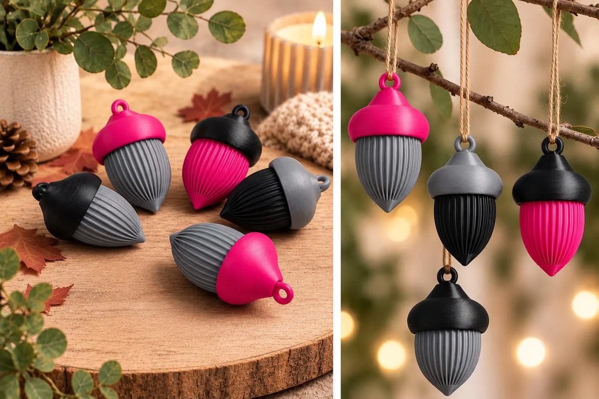Eichel Deko – 3D gedruckte Herbstdeko zum Hängen & Legen und zum öffnen pink grau schwarz