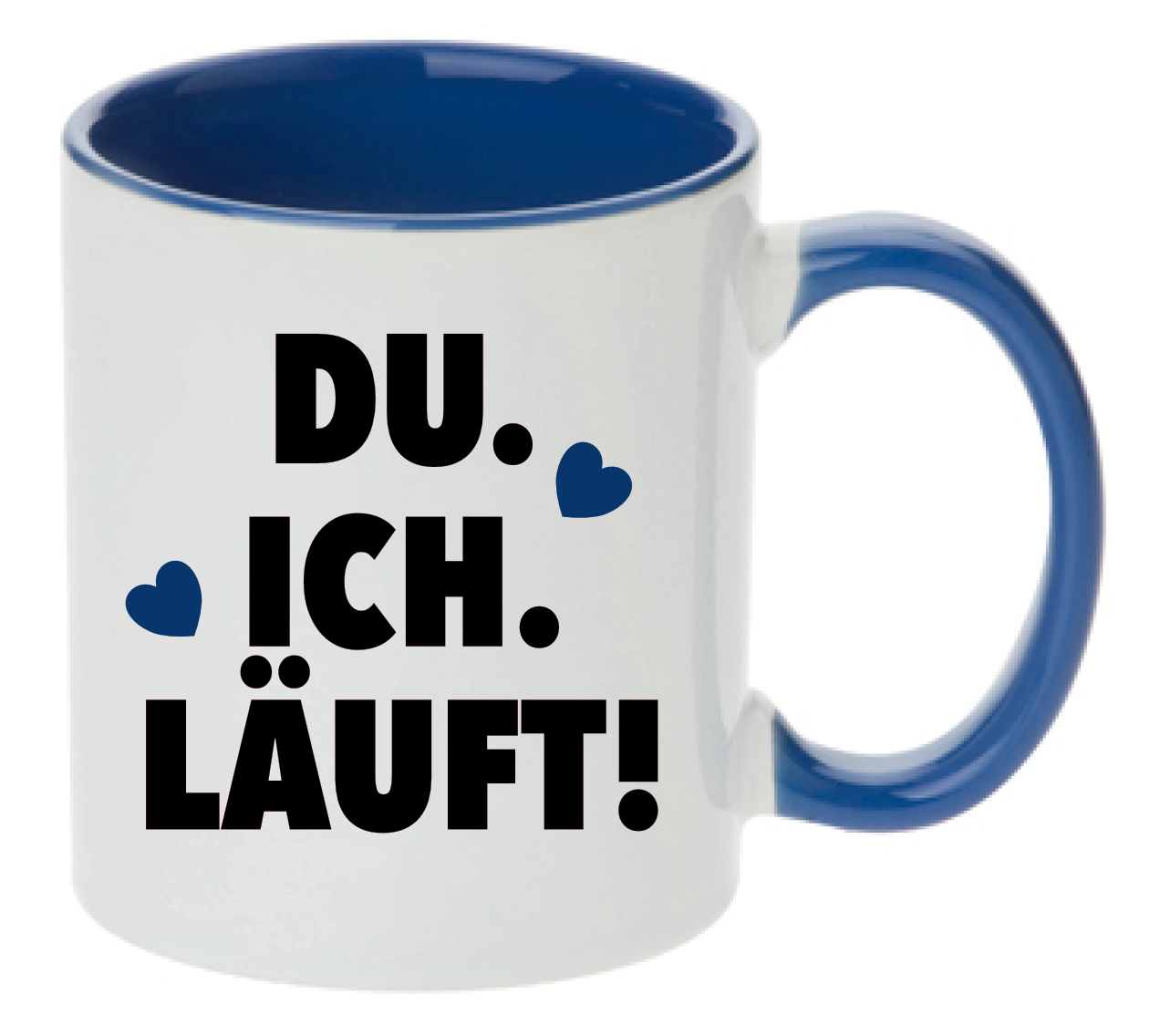Blaue Tasse mit Spruch Du. Ich. Läuft! mit blauen Herzen