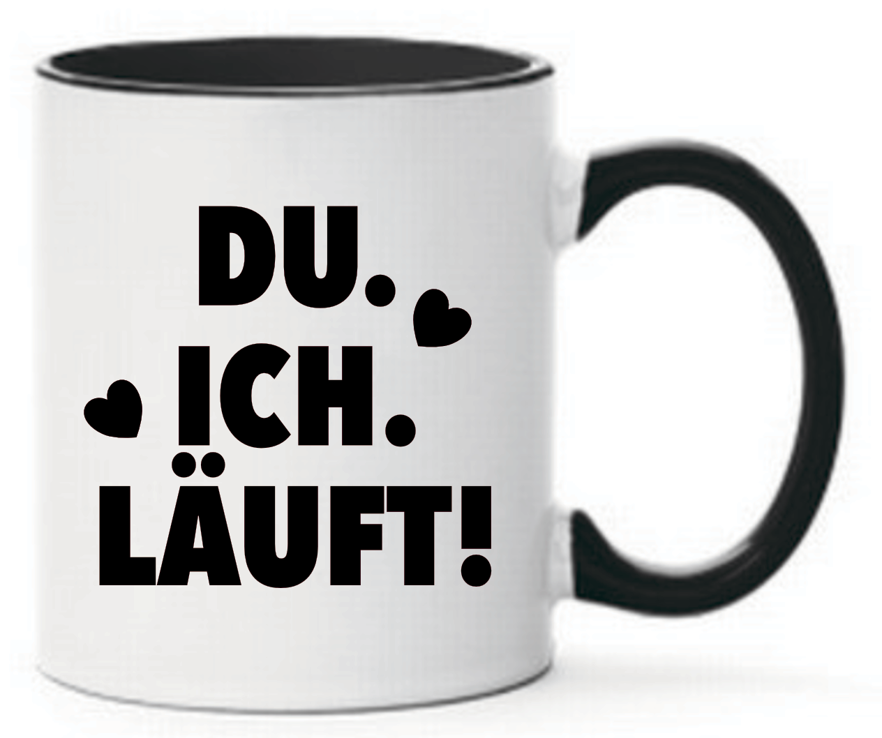 Schwarze Tasse mit Spruch Du. Ich. Läuft! mit schwarzen Herzen