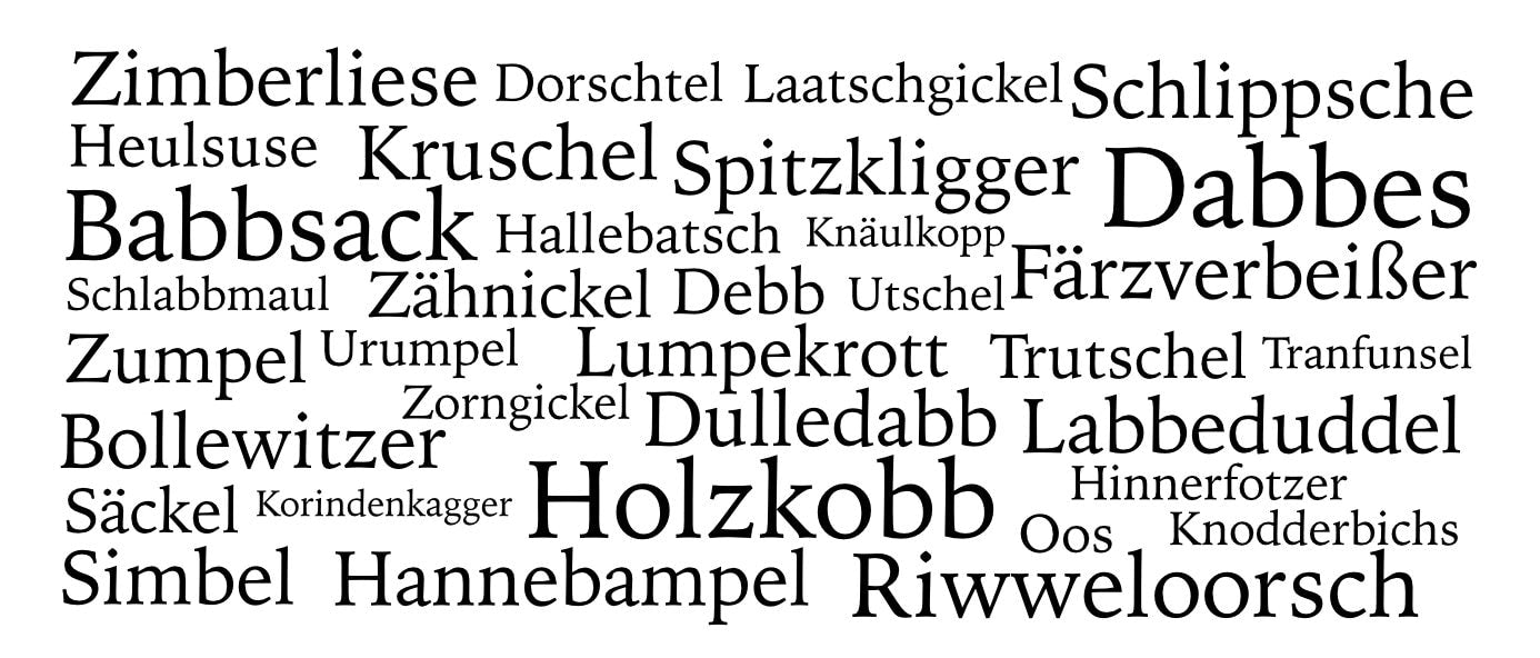 Tasse Hessisch platt Dabbes Babbsack Holzkobb Korindenkagger Hinnerfotzer Tranfunsel Schlabbmaul Debb Heulsuse