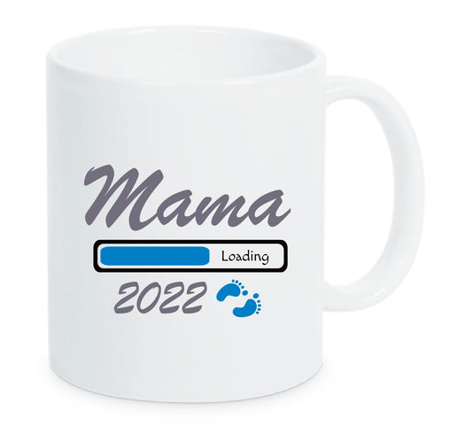 Tasse Mama 2022 Loading Blau Weiße Tasse bald werdende